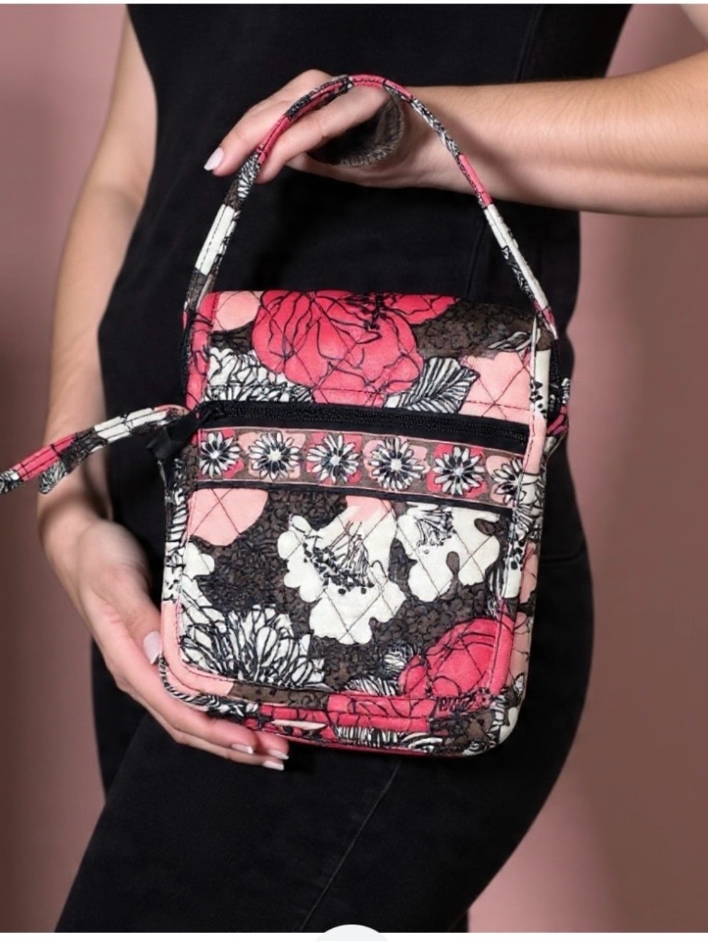 Ver Bradley Pink Floral Quilted Crossbody Bag with Black Accents